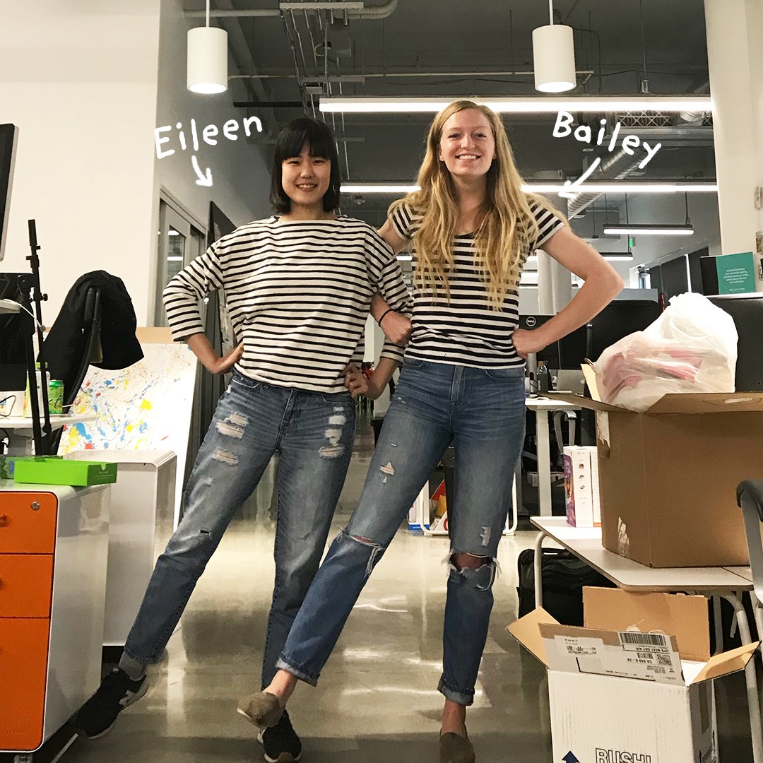 PlayOsmo's tweet image. It’s time for #TwinsieTuesdayagain! Meet Eileen from the marketing team and Bailey from the video team (have you seen her on the Let’s Play videos?? 🎥). Looking good in stripes, Ladies! #TeamOsmo