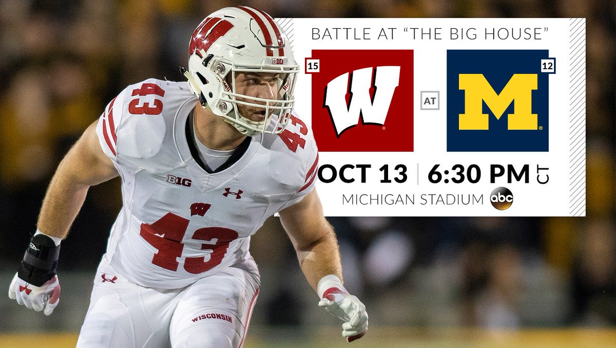 Graphic advertising Wisconsin at Michigan football game scheduled for 6:30 p.m. on Saturday and shown live on ABC