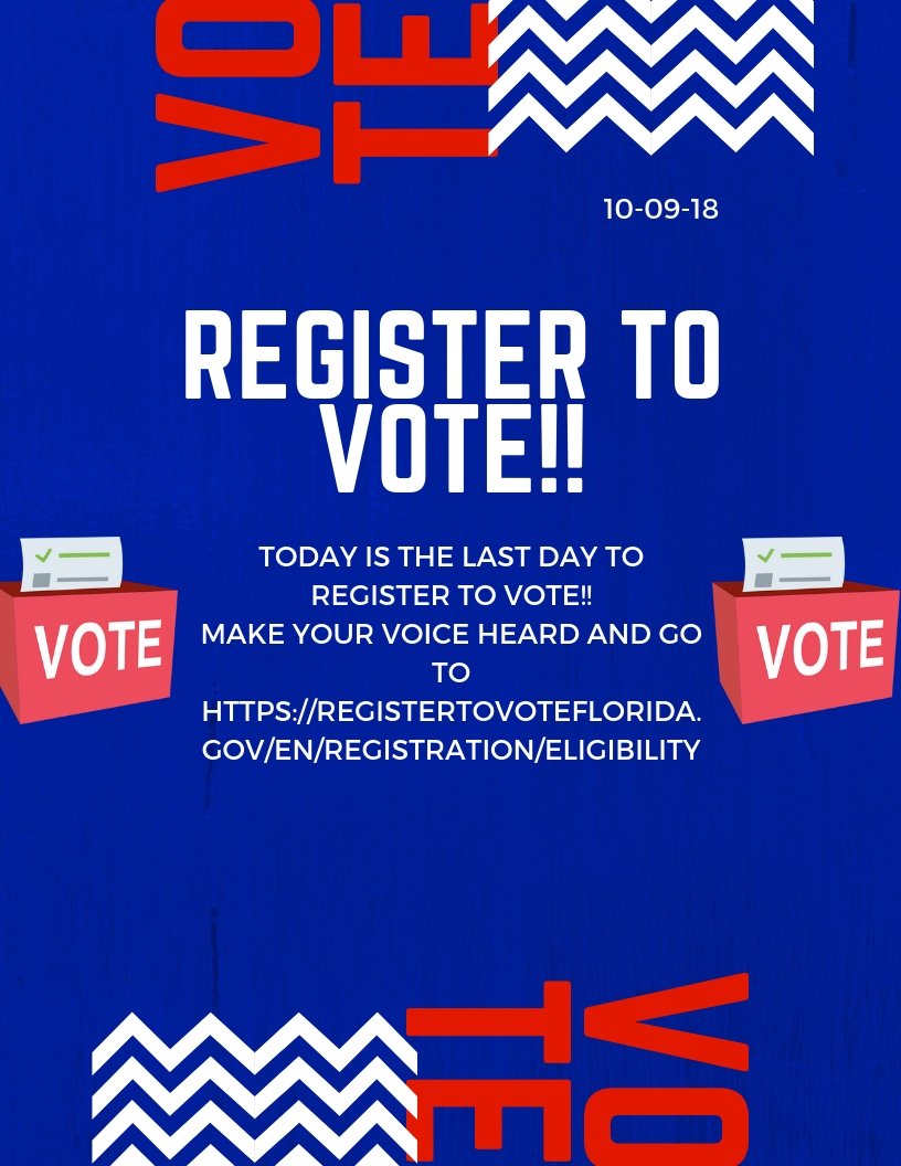 Hi, everyone! This is a reminder that today is the last day to vote in the state of Florida! Make your voice heard this November: registertovoteflorida.gov/en/Registratio…