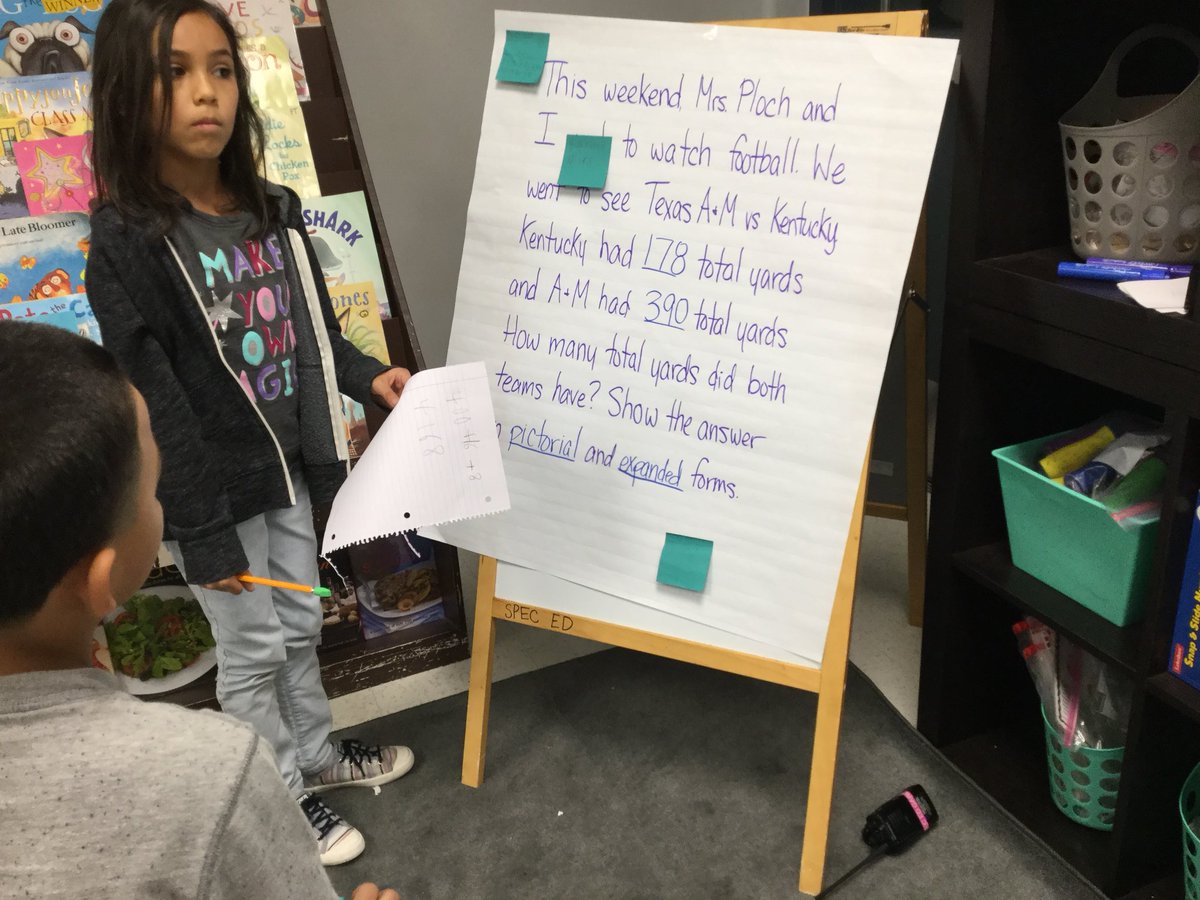 sgarcia8121's tweet photo. We did place value in a word problem for the enrichment group. They had to show work and put their answers on a sticky note @virginia_arocha. We used a real life example of @kristi_meek and I #starwildcard #GarciaMathTime #gigem https://t.co/GaNgbGhL8r