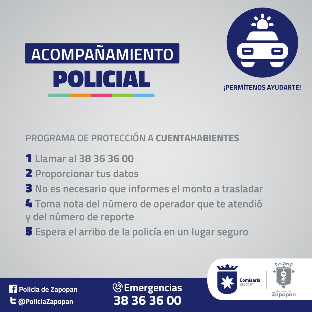 PoliciaZapopan's tweet image. Nuestro programa de acompañamiento policial está a tu servicio, si requieres retirar o depositar grandes cantidades de dinero ¡solicítalo!