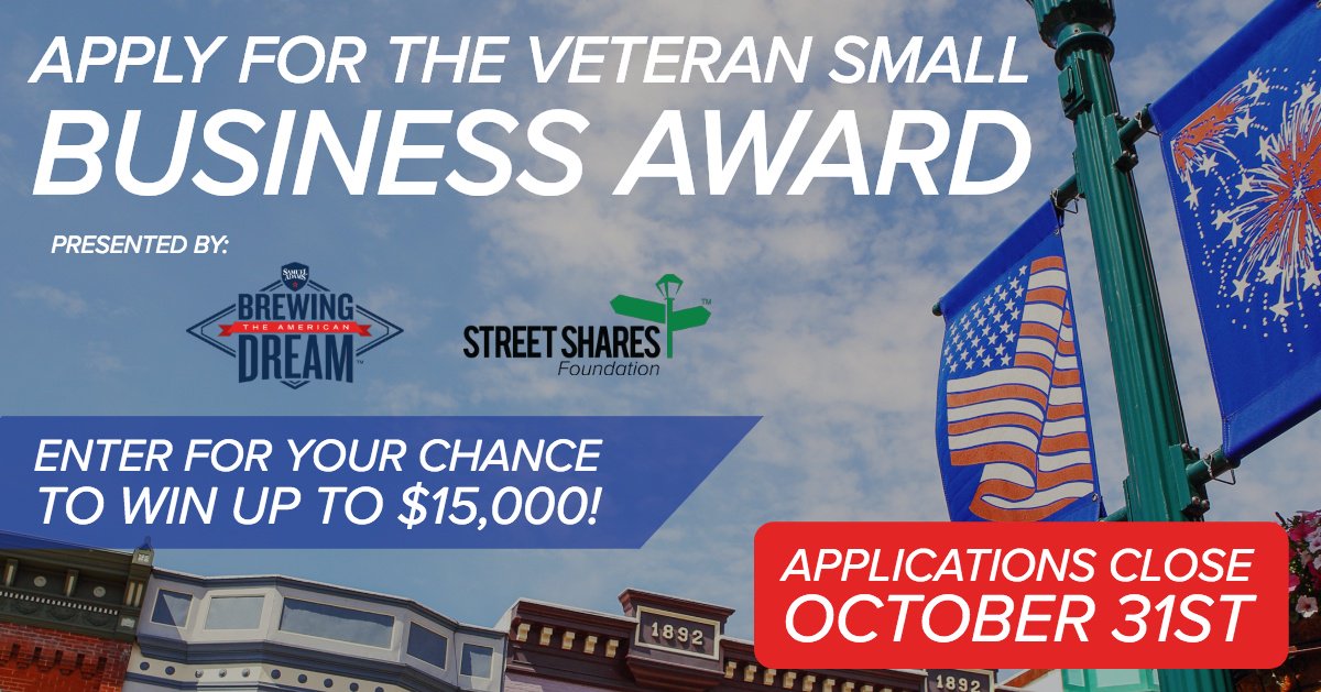 Apply today for the StreetShares Foundation Veteran Small Business Award! Submit your application today for the chance to receive $15,000 to grow your small business! hubs.ly/H0f3Spm0  #award #military #vet #TuesdayMotivation #funding #capital #SmallBusiness #SamuelAdams