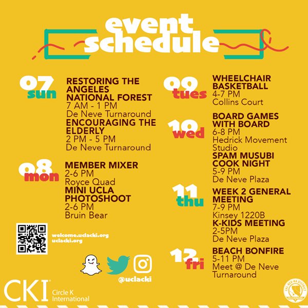 uclacki's tweet photo. Here are some of our remaining welcome week events! Hope to see you there!! https://t.co/dubt0HdLxh