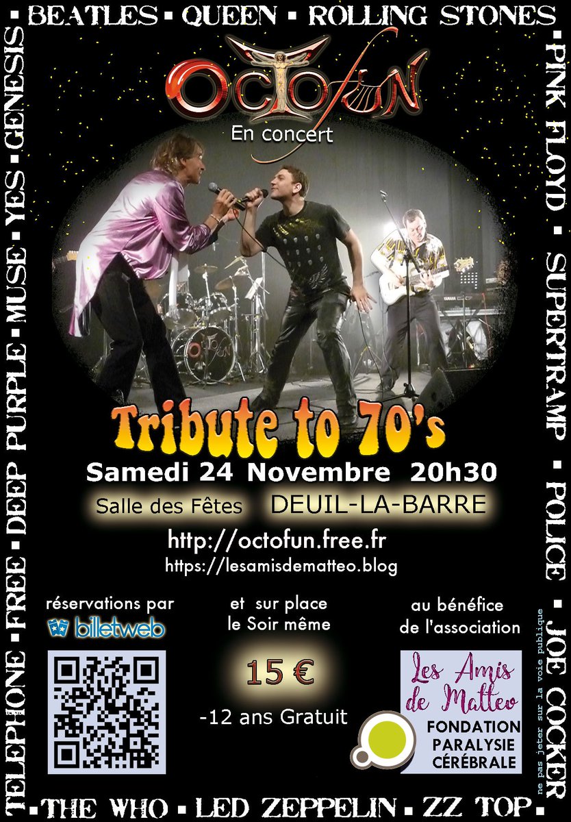 LESAMISDEMATTEO's tweet photo. Le prochain évènement au profit de @LESAMISDEMATTEO et de la @FondationPC aura lieu le 24/11 à @Ville_DLB concert #Octofun qui interprète #Beatles #Queen #RollingStones #PinkFloyd etc https://t.co/0NfBMJY3Bd vous pouvez déjà réserver vos places https://t.co/iIBdx5RZIx