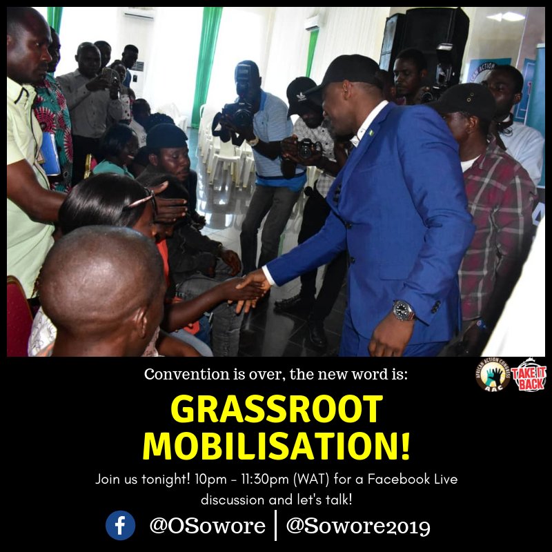YouthRisingNG's tweet photo. Sowore2019: Take it Backers, what are you up to tonight? Let's get together for a chat about GRASSROOT MOBILISATION! How do would you like us to tackle it? Tell us what you think and let's work together! #Sowore2019 #AACParty #TakeItBack #Action #TheFutu… https://t.co/0z07tEqqdE