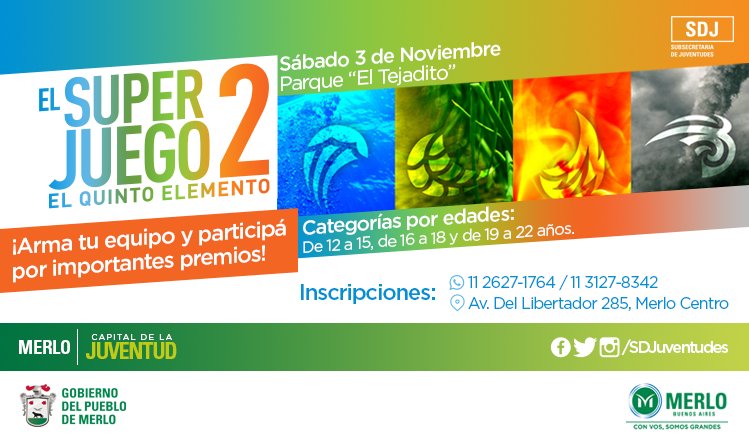 SDJuventudes's tweet image. EL SÚPER JUEGO 2: EL QUINTO ELEMENTO
Invitamos las y los jóvenes de entre 12 a 22 años a participar de la Segunda Edición de #ElSúperJuego, una jornada con un gran número de desafíos. Inscribite acercando a Av. Del Libertador 285 o por WhatsApp: 11 2627-1764 / 11 3127-8342.