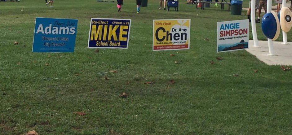NPProwler's tweet photo. We find it interesting that the school board candidates with signs placed illegally on public property are the same ones that try to silence student voices...We are expected to follow the rules so we should expect the same from our future representatives. https://t.co/ib191dQ4S0
