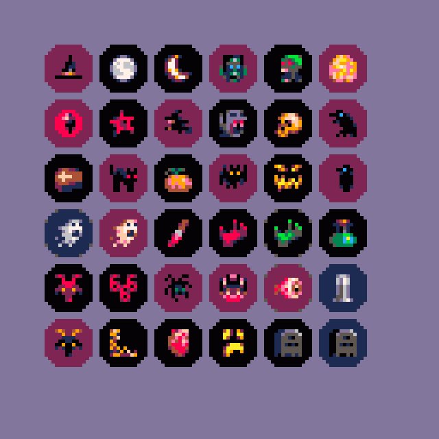 GregosEl's tweet photo. Some 8x8 Halloween sprites for a #pico8 game that'll surely come too late for #MMAMJam. Because no precise game idea. Maybe in time for #darktober18 though. https://t.co/3TzfNrC95o
