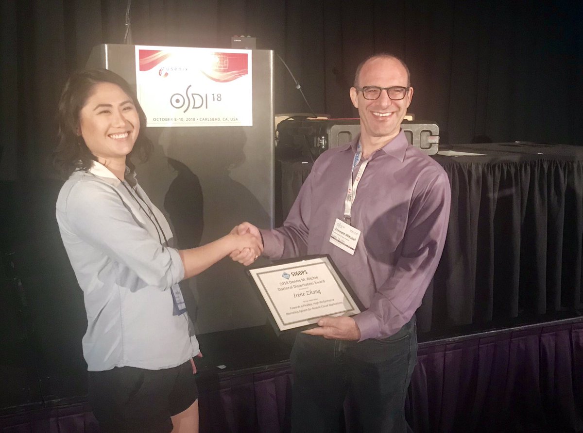 uwsyslab's tweet photo. Congratulations to Irene Zhang on receiving the @ACMSIGOPS Dennis M. Ritchie Doctoral Dissertation Award! #osdi18 https://t.co/MzgOfagiEW