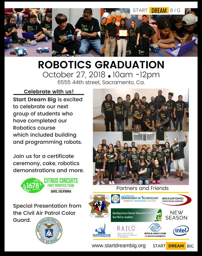 SacramentoSAL's tweet photo. UPCOMING- SAL Robotics will be holding a graduation ceremony for students who completed an 8-week engineering robotics program with Start Dream Big. Join us for food and celebration! | #sacsheriff #ssdsal #startdreambig https://t.co/MBj8BudWje