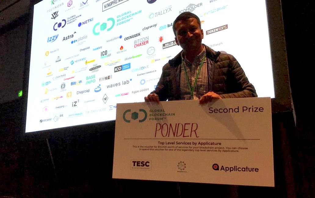 ThePonderApp's tweet photo. Ponder Wins Pitch Competition! - This past week Ponder pitched at the #GlobalBlockchainForum @G_B_Forum in San Francisco. We were among 15 other highly vetted companies that pitched to judges led by https://t.co/xnLEYvFSOK @ThePonderApp took 2nd place out of the 15 companies! https://t.co/bPFBQrsm52