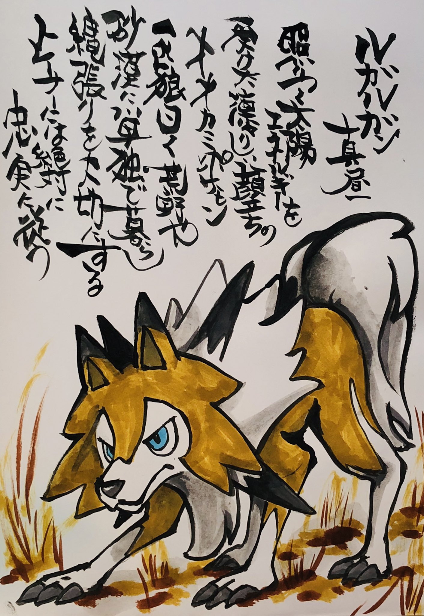 ট ইট র Aki Shimamoto ポケモン絵師休憩中エネルギーアートクリエーター 筆ペンでポケモンを描く ルガルガン 真昼 照りつく太陽エネルギーをうけた凛々しい顔立ちのオオカミポケモン 一匹狼曰く荒野や砂漠に単独で暮らし縄張りを大切にする トレーナーには