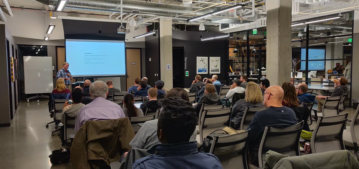BoulderPython's tweet image. Starting off tonight's meetup with @j1mfulton describing the importance of transactions in databases. Here we go!