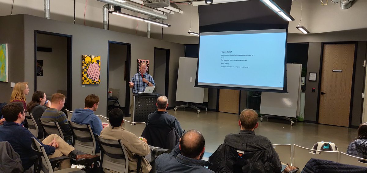 BoulderPython's tweet image. Starting off tonight's meetup with @j1mfulton describing the importance of transactions in databases. Here we go!