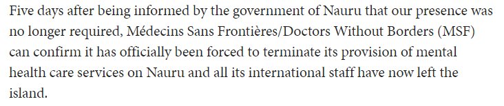 MSFAustralia's tweet image. BREAKING 
We've been forced to terminate our mental health care services on #Nauru &amp;amp; all our international staff have left the island. We're deeply concerned for our patients as the #MentalHealth situation of asylum seekers &amp;amp; refugees is beyond desperate bit.ly/2ybdIYE
