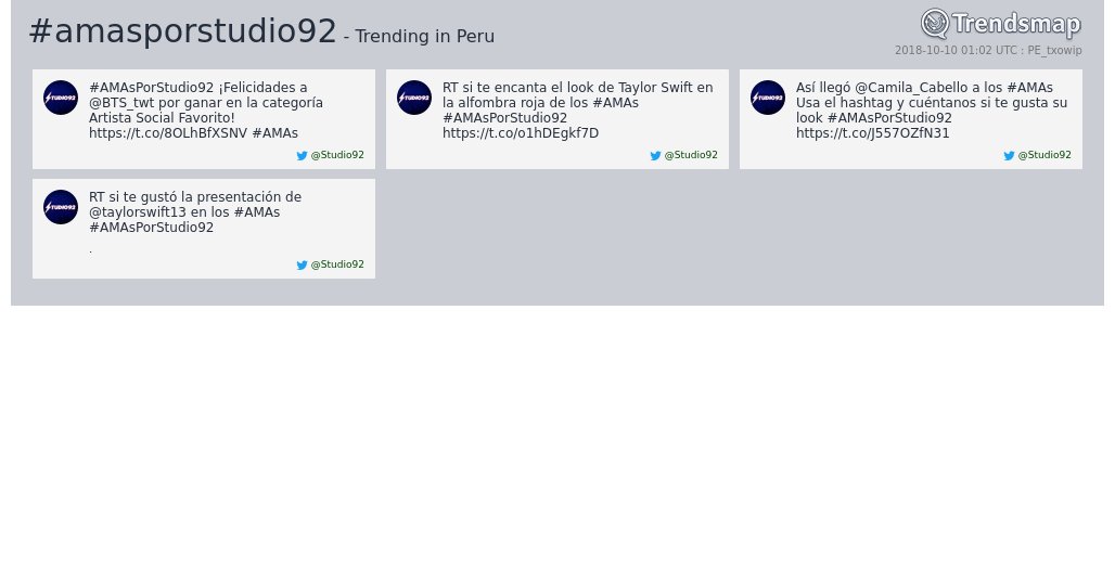 TrendsmapPeru's tweet photo. #amasporstudio92 es ahora una tendencia en Peru
https://t.co/4O6vPSIL5Q https://t.co/SsWlzrDxI4