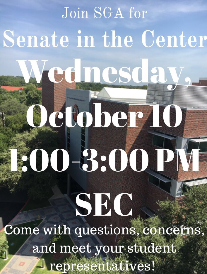 Please join your student representatives tomorrow, Wednesday, October 10 for our very first Senate in the Center of the year! Don’t know who your rep is? Come to the SEC to find out! #UIWPride #UIWSGA