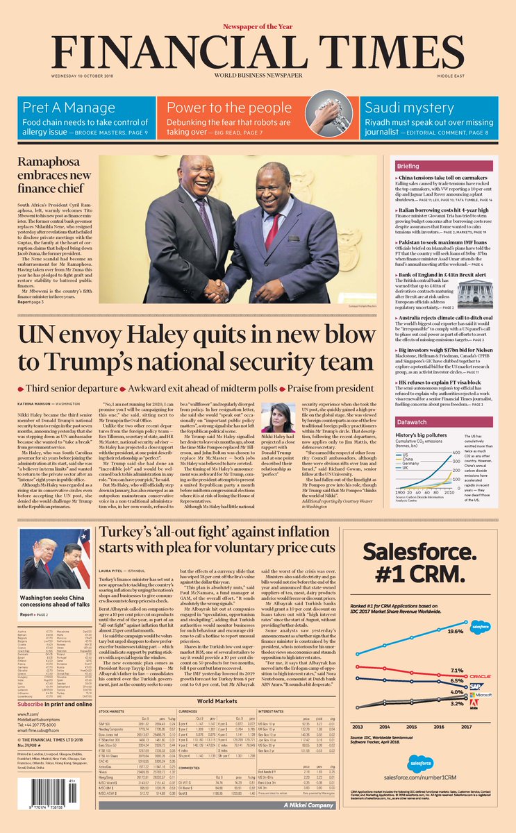 FinancialTimes's tweet photo. Front page of the Financial Times, International edition, for Wednesday 10 October 2018 https://t.co/CcFhnyX2W2