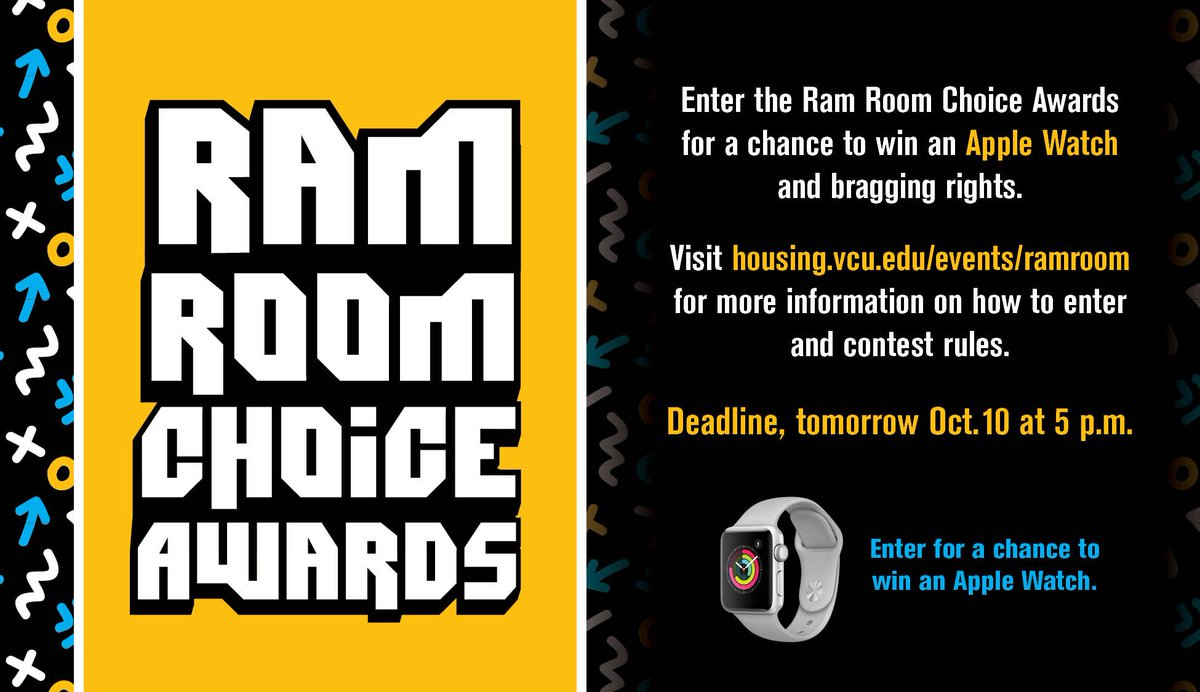 VCU_Housing's tweet photo. Hey Rams! Do you have the raddest room on campus? Enter the Ram Room Choice Awards for a chance to win an Apple Watch and bragging rights. Deadline is tomorrow, Oct. 10 at 5pm. #Rad @VCU #VCURamily #RamRoomChoiceAwards #RaddestRoom #VCU #VirginiaCommonwealthUniversity #RoomDecor https://t.co/xQ4Yb4BlLP