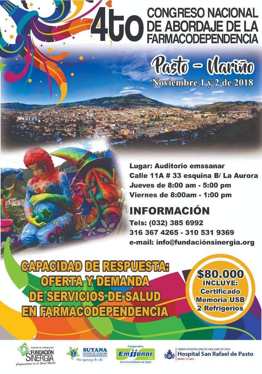 sinergiaIPS's tweet photo. ATENCION
Estamos en inscripciones para el 4° Congreso Nacional de Abordaje de la Farmacodependencia que se realizará en Pasto.
El 1 y 2 de noviembre de 2008.
Costo: $80.000 incluye certificado, 2 refrigerios y memoria USB.
Inscrip. 3856992 en Cali o 3105319369.
CUPO LIMITADO. https://t.co/jlpt0Hu94T