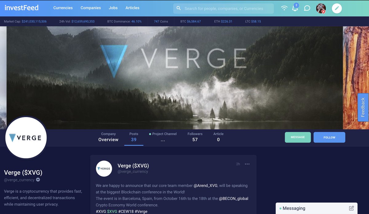 investFeed's tweet photo. We would like to welcome @vergecurrency to #Investfeed. The Verge team have been on our site since May. As one of our earliest supporters, it is a pleasure to award them a trusted verified badge and a company listing. Please give them a follow at: https://t.co/6xmjhP2KzE 

$XVG https://t.co/UfvP1qXKGa