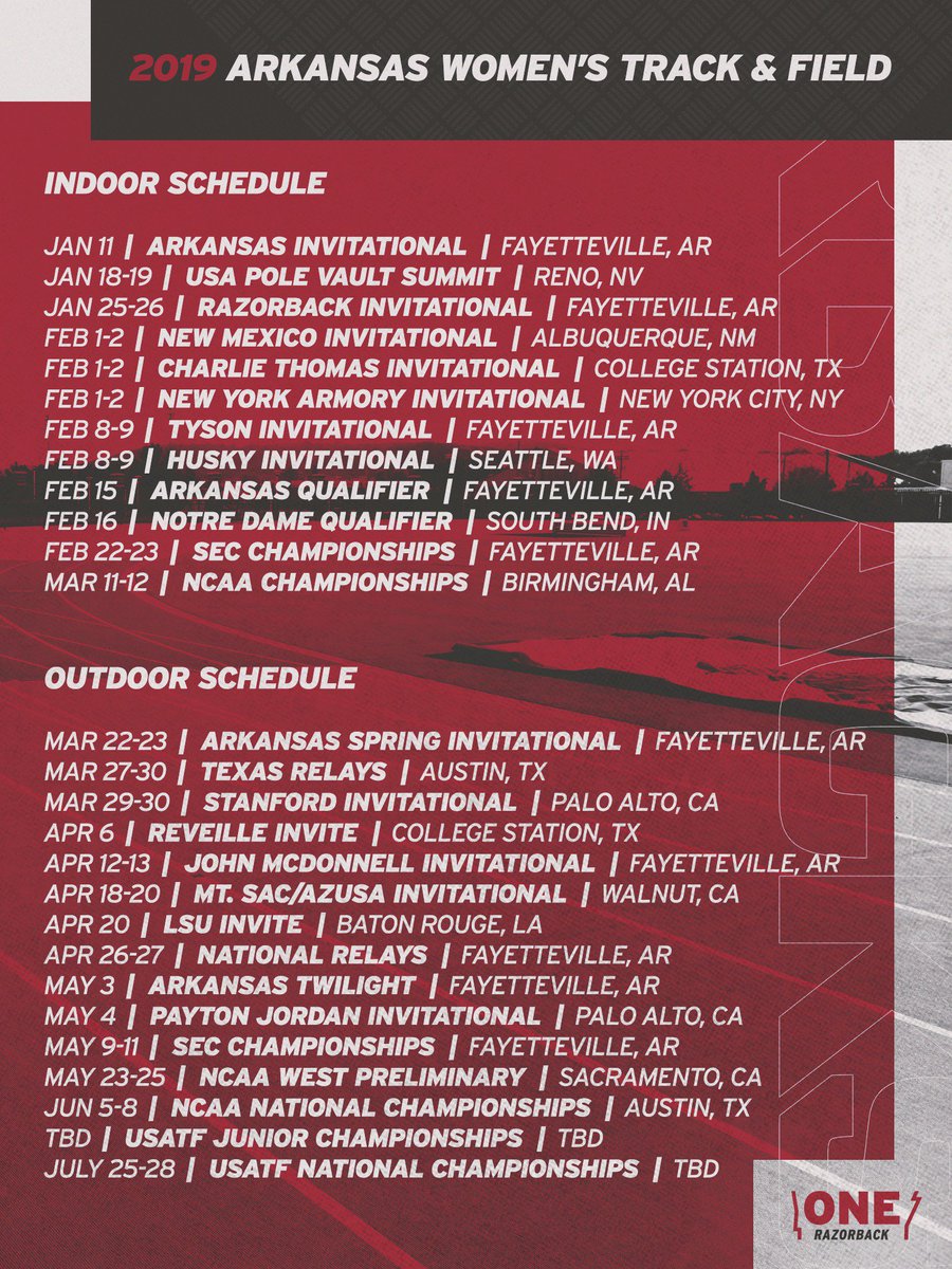 RazorbackTF's tweet image. 📆📢 | Check out the 2019 men's and women's indoor/outdoor schedule announcements! 1⃣8⃣days of action in the Track Capital of the World.

🏃 -  bit.ly/2A0uWcP 
🏃‍♀️ - bit.ly/2EiRh9o 

#WPS🐗 #TrackIsBack⏱ #WoooSpeedSooie
