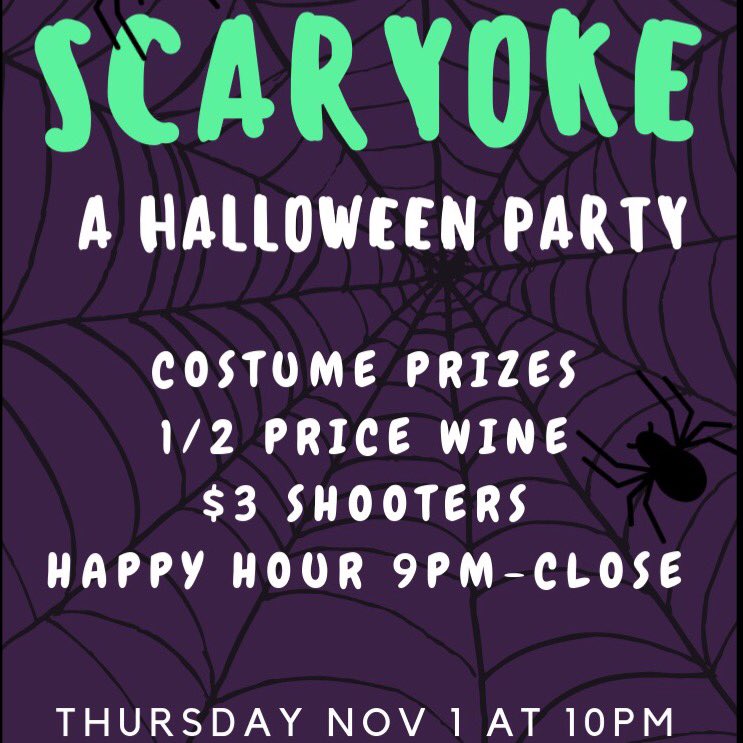 OJsFtSask's tweet photo. Mark your calendars for #Scaryoke! 
Thursday Nov 1st @ 10pm 🎤👻🍷
1/2 Price #Wine, $3 #Shooters, Costume Prizes &amp; #HappyHour 9pm to Close! #ojsftsask #spooklocal #halloween https://t.co/izb8QpG1DS