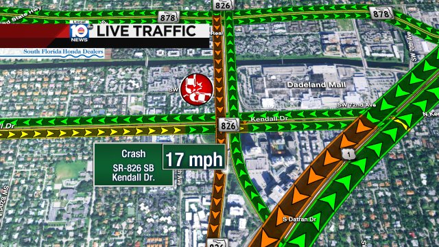 CRASH: SR-826 SB & Kendall Dr. Lots of congestion with speeds clocking in at 17 MPH. #TRAFFIC #MIAMI https://t.co/PMUk0w0yL9