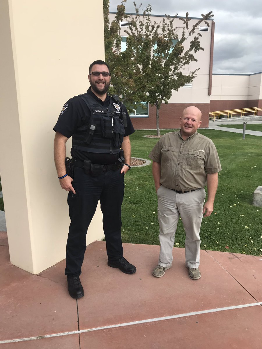 JRiggsRHS's tweet photo. Officer Crouch and Mr. Zirker playing along...the Richland High version of the movie “Twins.” #rhsteach https://t.co/VQMSUXgEoG