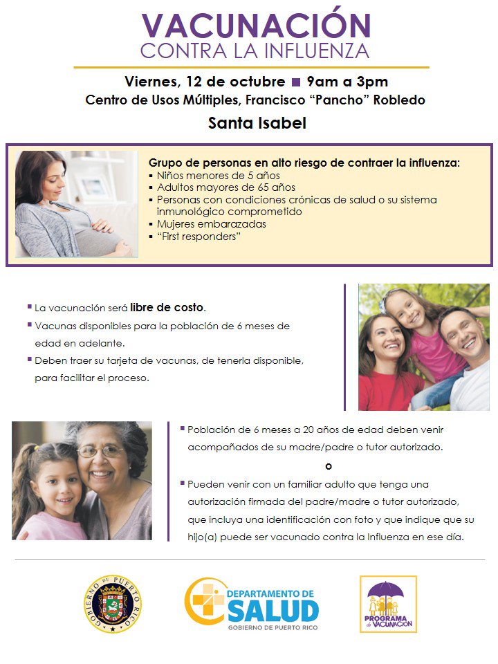 PRpreparado's tweet photo. ¡Recibe tu vacuna contra la influenza libre de costo!
🗓 Viernes, 12 de octubre de 2018
⏱ 9am a 3pm
🏠 Centro de Usos Múltiples Francisco "Pancho" Robledo, Santa Isabel 

La vacuna es el mejor método para prevenir la influenza y sus complicaciones.
#Influenza #PuertoRico https://t.co/RxBBFbs9n2