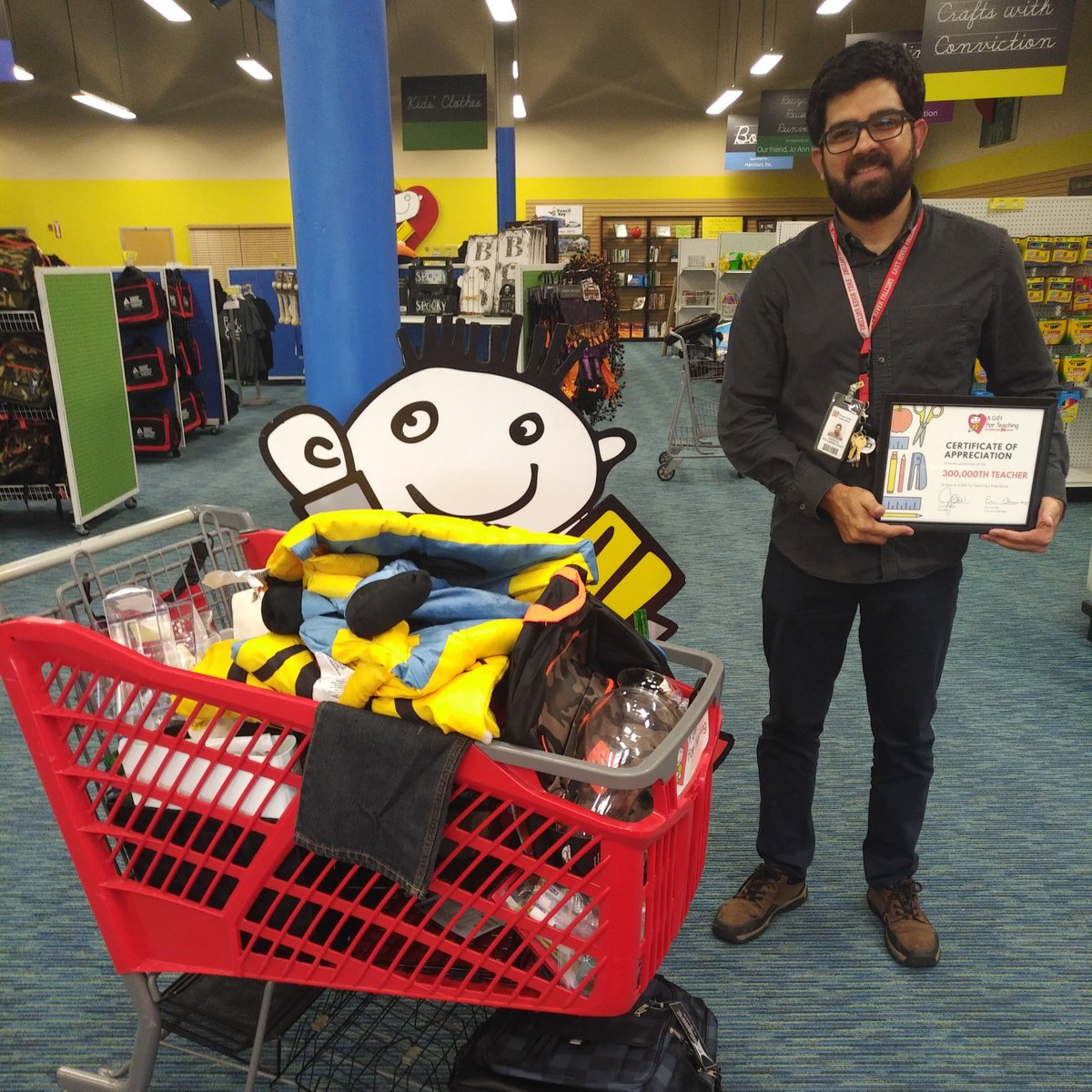 Congratulations to the 300,000th teacher to shop at A Gift For Teaching!

Mr. Silva is an East River High School teacher that started shopping with us after one of his fellow teachers told him about our free school supplies. His must need classroom essential? COLORED PENCILS.