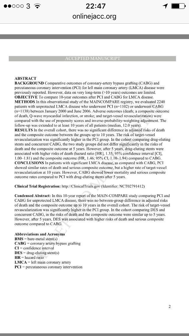 vass_vassiliou's tweet photo. New article from @JACCJournals comparing mortality in unprotected left main PCI vs CABG...overall no difference, but after 5 years CABG seemed to do marginally better... but against 2006 DES... https://t.co/viICigZHkf #cardiotwitter #RadialFirst #cardiaced let the debate begin! https://t.co/MlhGKCbiDT