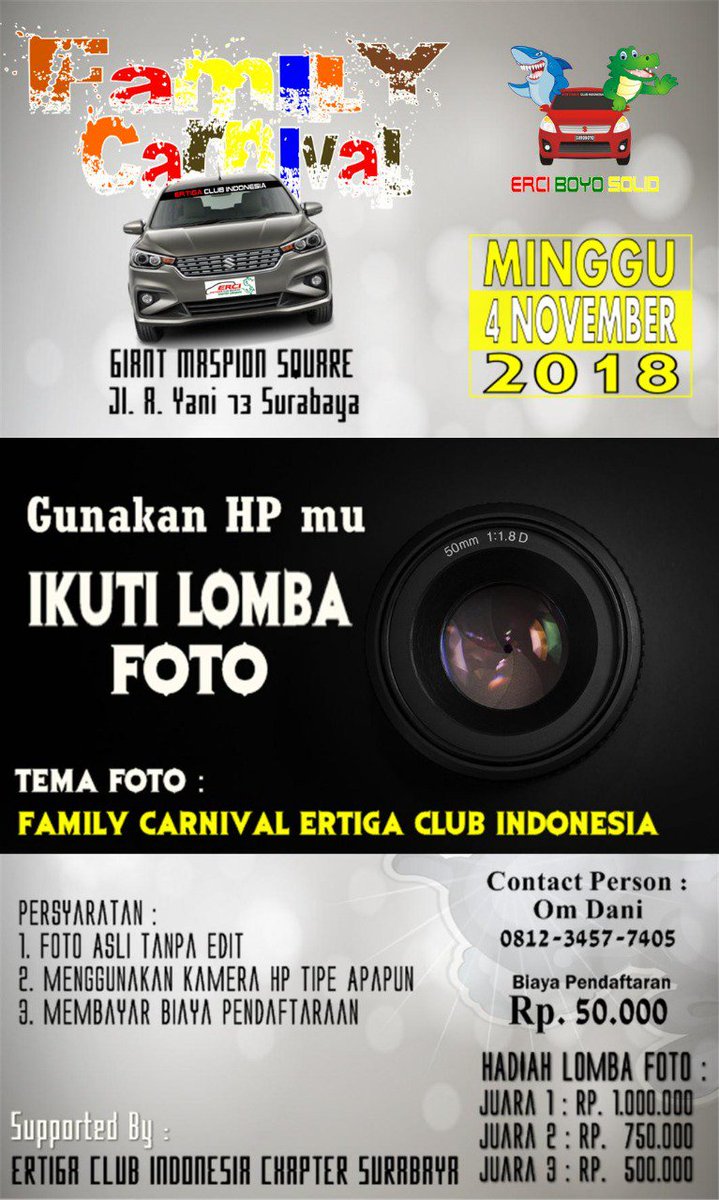 Ayo Rek ramekno erci surabaya duwe acara “FAMILY CARNIVAL” ndang daftarno awak riko hub panitia ojo ketinggalan yo...

#erciboyosolid
#ercichaptersurabaya
#erciregionjawatimur
#ertigaclubindonesia