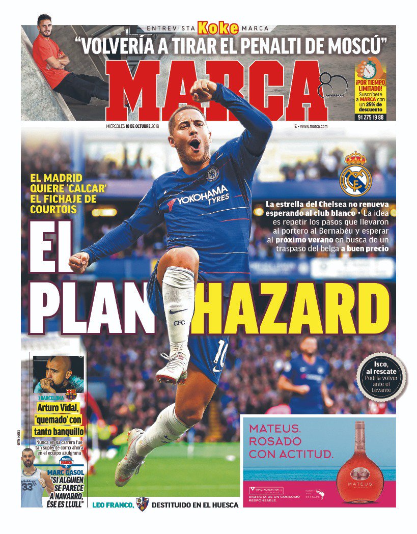 MARCA: The idea of Real Madrid's plan for Hazard is to repeat the same steps that got Courtois to the Bernabeu & wait until next summer to get Eden at a good price when he'll have only 1 year left on his CFC contract. Eden still hasn't renewed as he wait for Madrid.