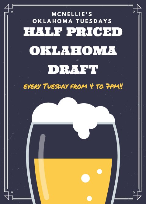 Don't forget about our Oklahoma Tuesday  Happy Hour! Half priced Oklahoma drafts from 4-7pm every Tuesday! Cheers!!