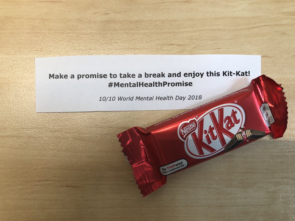AudreyPageAssoc's tweet photo. We recognise the importance of reducing the stigma of mental health. Just one of the many ways to ensure our employees &amp; participants take a break from what they're doing at their desks to relax &amp; re-energise! Who doesn't enjoy a KitKat kind of break? #MentalHealthDay2018 https://t.co/XYWhaizFQU