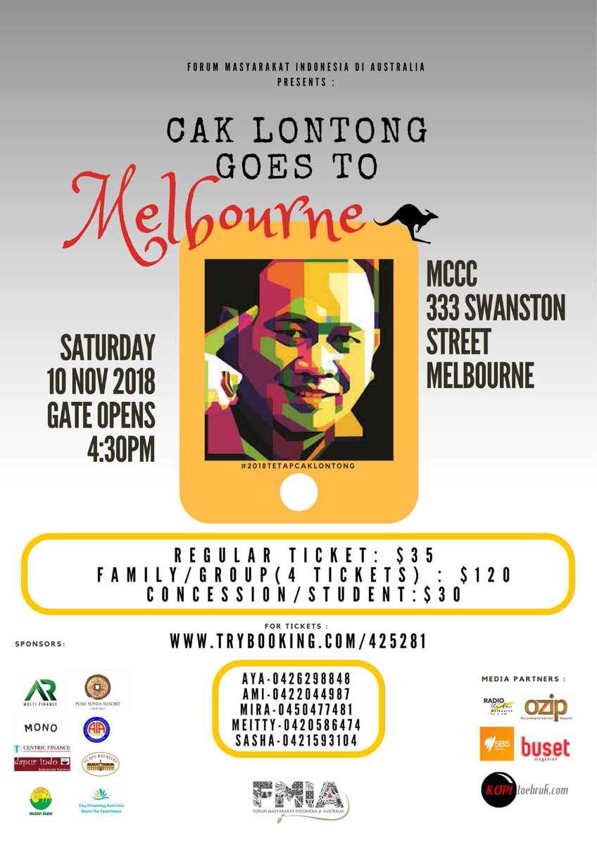 FMIA proudly presents:
CAK LONTONG, the 1st STAND UP COMEDIAN in Indonesia!
Just take a break and gather along to watch Cak Lontong with his hillarious and intelligent jokes!
trybooking.com/YFCZ  
Concession/student/family tickets are available 
SALAM LEMPER! <a href="/WhatsOnMelb/">What's On Melbourne</a>