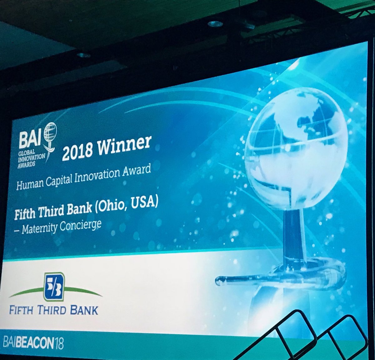t4tanner's tweet photo. Excited to accept BAI Global Innovation award on behalf of @FifthThird @BAI_Info Thanks @TillieHLima and @BestUponRequest for your incredible partnership #maternity #Fifththirdbetter #workingmom https://t.co/DAyybR1RdR