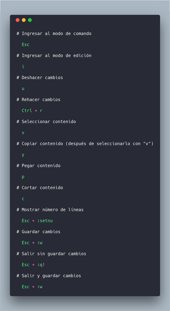 dvalpx's tweet photo. #StydeTips Algunas veces es necesario editar archivos desde la terminal y a mi me gusta usar Vim para esos casos. Aquí te dejo una lista de los comandos básicos para usar este editor y no morir en el intento 😩😱🤓 https://t.co/SBiSYm0Uia