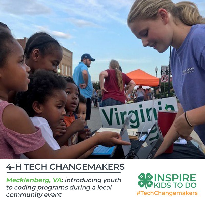 4H's tweet image. This week we are spotlighting the 4-H #TechChangemakers from @Virginia4H who are introducing youth to coding programs during a community event! Learn more about 4-H Tech Changemakers: bit.ly/2A0OEVQ #InspireKidstoDo @Microsoft