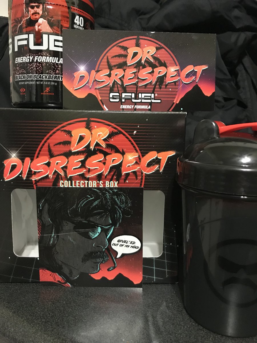LazyGertz's tweet photo. This just came in today. Finally! Now I can be extra fuel'ed up! Can't wait to taste this and feel the raw power in my body. Yayayayayaya. @GFuelEnergy @DrDisRespect https://t.co/0HR21MwKsV