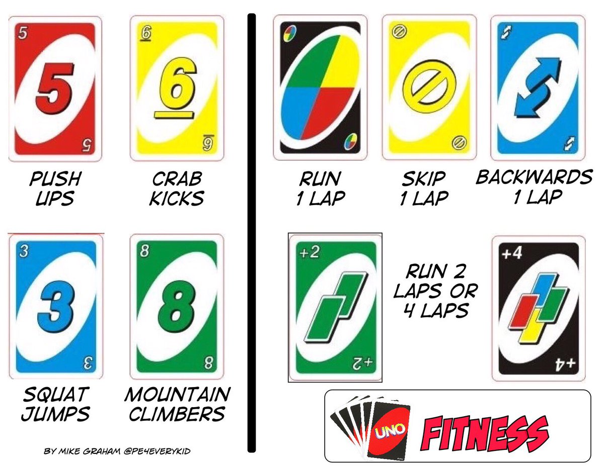 pe4everykid's tweet photo. Here are some sample ideas for Uno Fitness that I have used in the past. Feel free to make up your own and share what you do! #physed https://t.co/G0I3zXEJLi