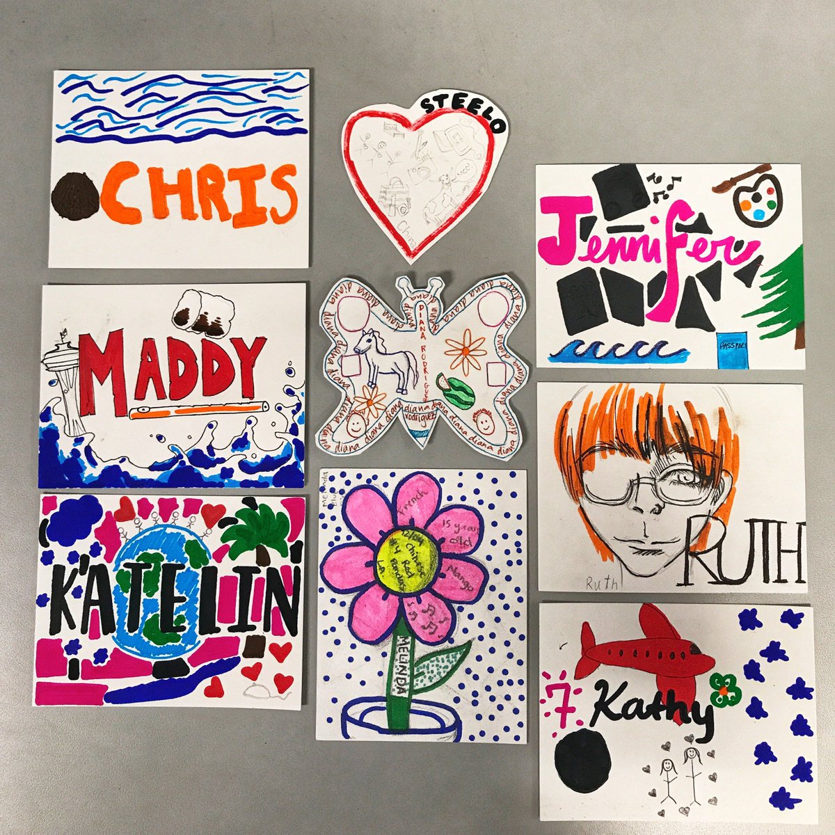 Students did “book reports” on each other to get to know one another. Twist: they then had to draw each other’s name tags to reflect what they learned! We think they turned out pretty amazing!