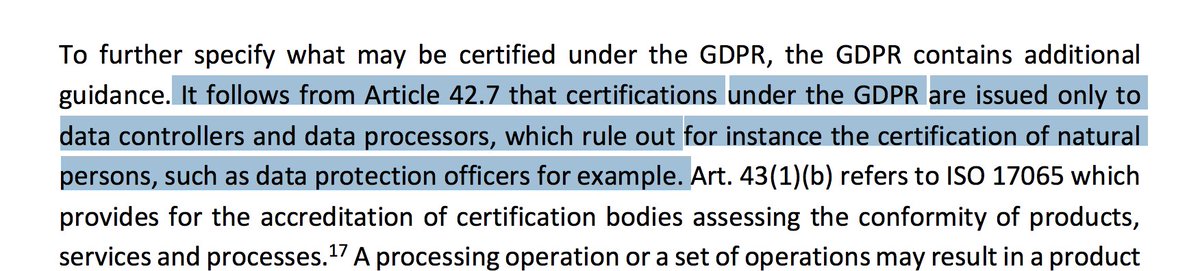 gabrielazanfir's tweet photo. So the EDPB clarified that DPOs *cannot* be certified under the GDPR certification schemes.
This guidance was published in May, but I haven't seen much shock about it yet π€·ββοΈ
#GDPR #PrivacyLaw #Certification #GDPRCertified https://t.co/fhVM5ajNBk