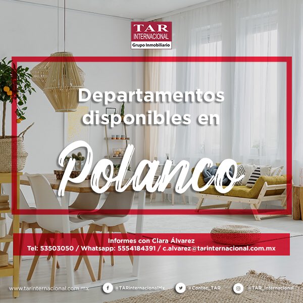 contac_TAR's tweet photo. Departamentos en renta y venta disponibles.

Llámanos para conocer todas las opciones. #Polanco 📍

¡Contáctanos! 
Informes con Clara Álvarez
Tel: 53503050 
WhatsApp: 5554184391
Email: c.alvarez@tarinternacional.com.mx
.
#rentadedepartamentos #departamentosenventa #cdmx https://t.co/2nkN6GQJ4v