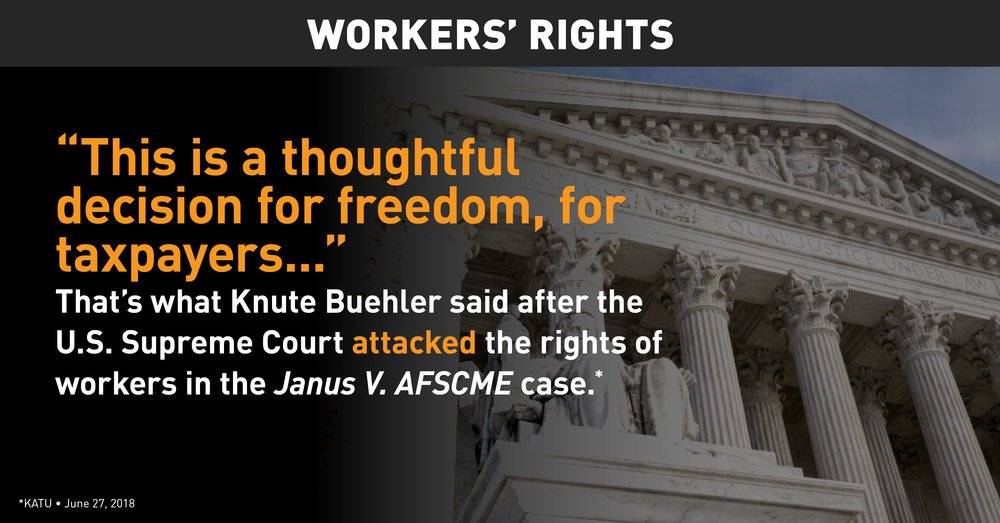 OregonAFLCIO's tweet photo. Oregon gubernatorial candidate Buehler celebrated Janus, a Supreme Court decision directly attacking workers’ rights #ORGovDebate #ORpol #Debate4ORfuture https://t.co/Jpt0i3i7C0