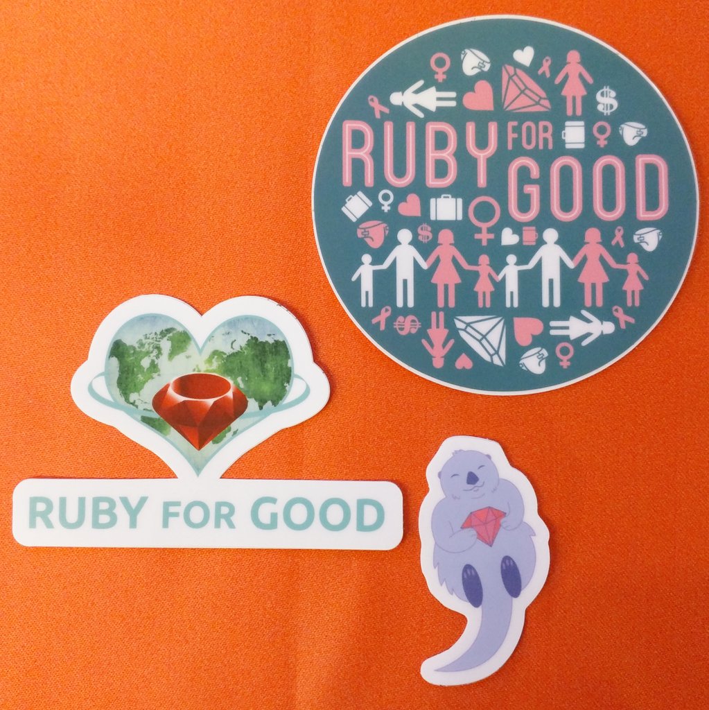 Make sure to check out <a href="/RubyforGood/">Ruby for Good</a>, it's in the Bay this year and their sticker game is amazing!! rubyforgood.org