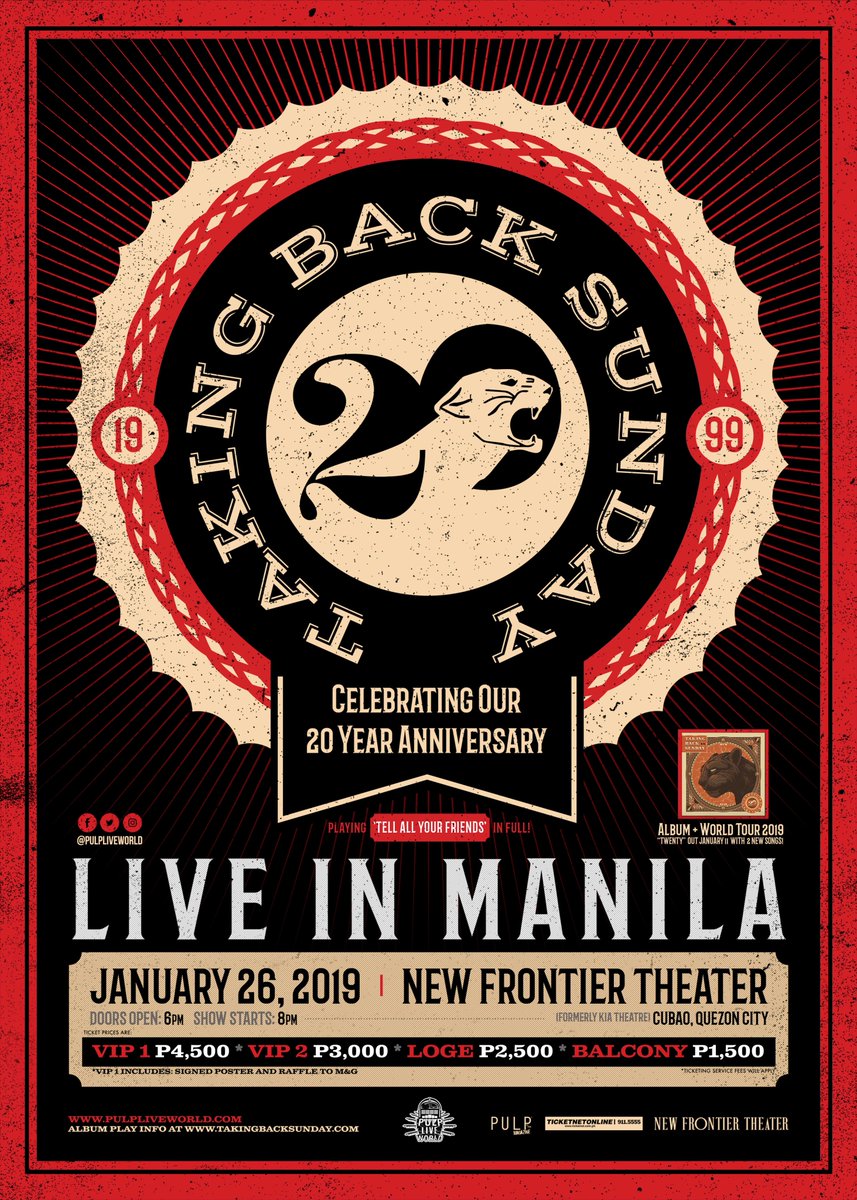 pulpliveworld's tweet photo. .@TBSOfficial will be celebrating their 20th Anniversary as a band with an exciting world tour!

TAKING BACK SUNDAY LIVE IN MANILA: 20th ANNIVERSARY TOUR happens on Jan. 26, 2019 at the New Frontier Theater, Cubao!

Tickets go on sale on 11/17/18 via @TicketNetPH.
#TBS20thManila https://t.co/IsHvdI83b9