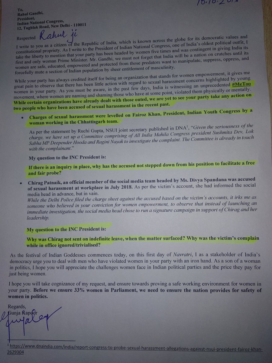 GeeKayTalks's tweet photo. My letter to @RahulGandhi urging him to take action on NSUI Prez Fairoz Khan and explain the sloppy handling of complain against Chirag Patnaik. @INCIndia your #MeToo https://t.co/xHVFg0qNix