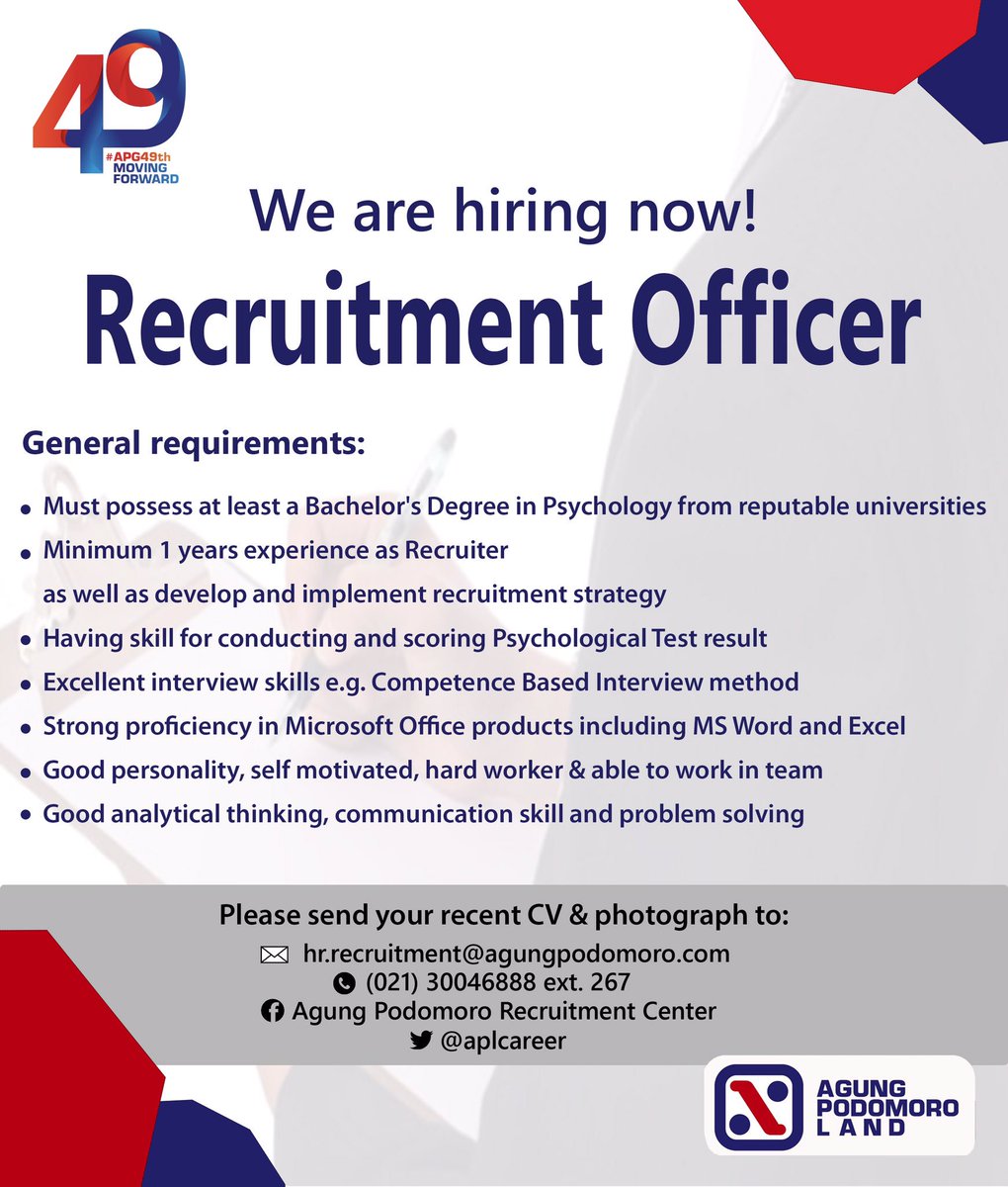 aplcareer's tweet photo. Hello #amazingpeople, we’re looking for Recruitment Officer. For further information, contact us through email/phone. Send your CV now! https://t.co/slt8r660q7